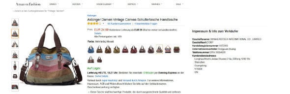 Angebot eines asiatischen Händlers auf Amazon: Die Adresse ist im Impressum zu finden, eine Umsatzsteuer-Identifikationsnummer dagegen nicht.
